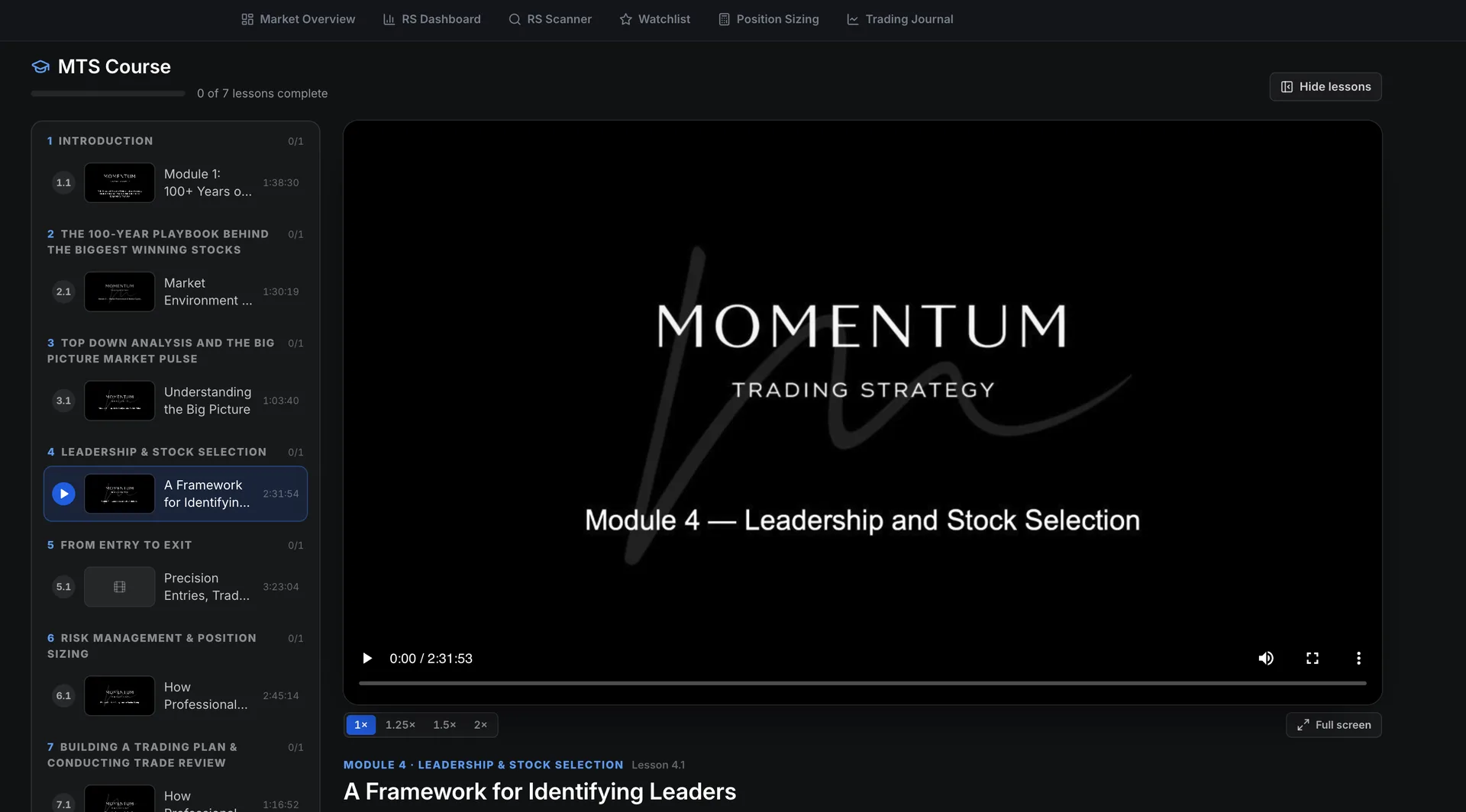 Momentum Trading Strategy Course player inside MTS Velocity